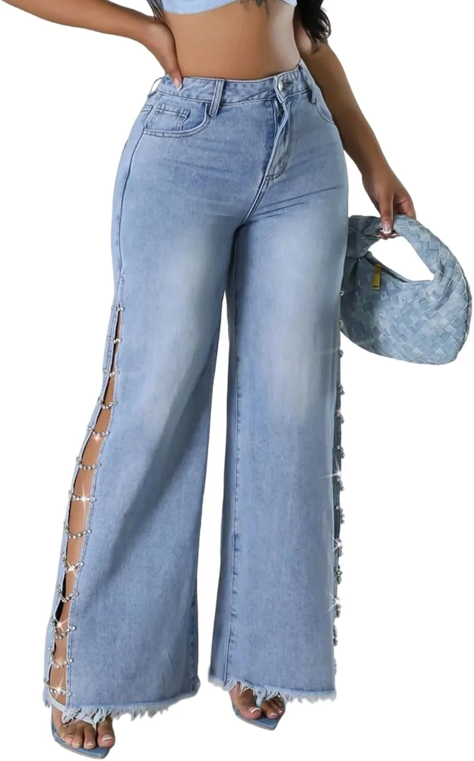 

Yootiko женские джинсы baggy с ринстоунами, бахромой и рваными прорезями