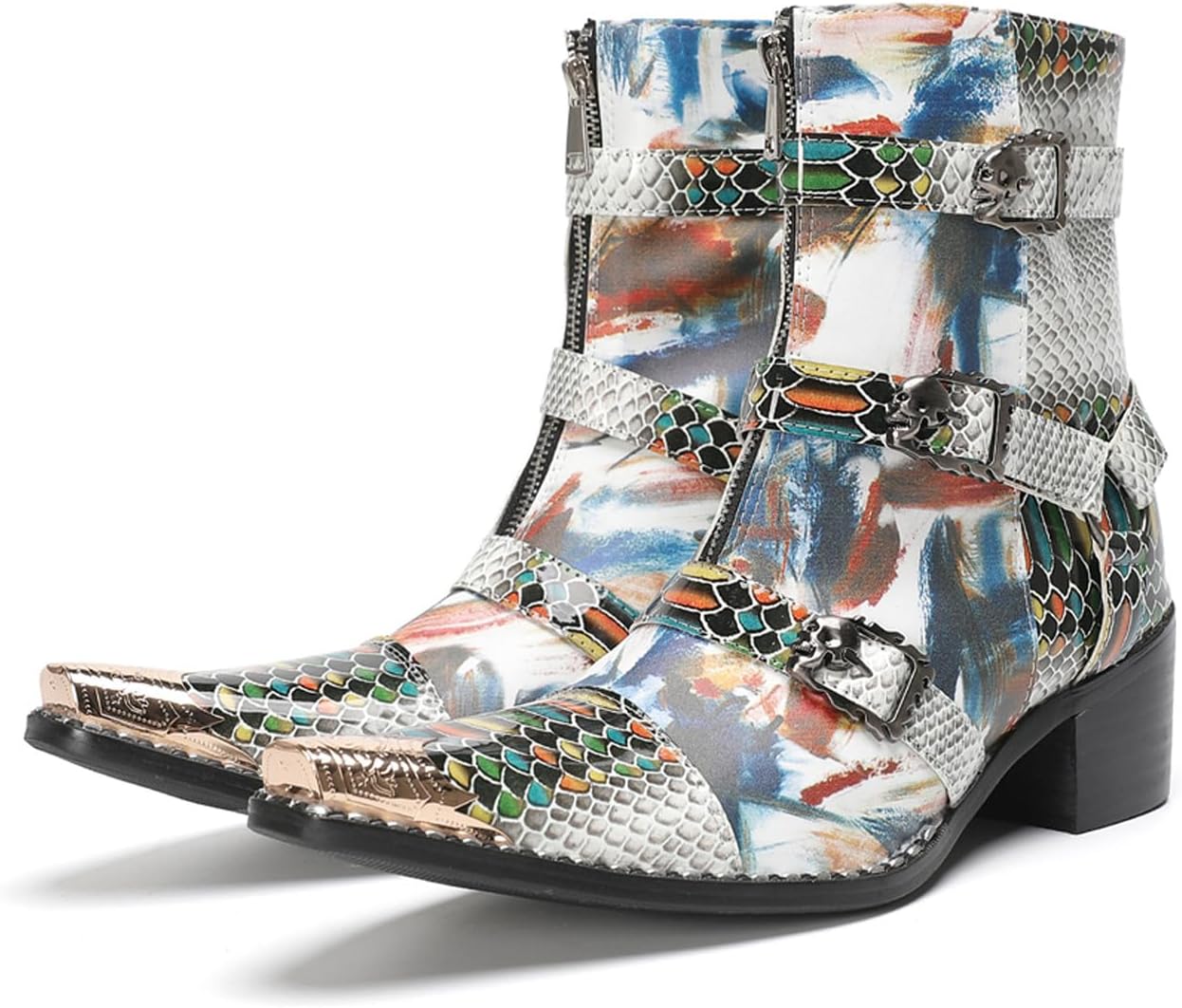 

Мужские кожаные вестерн-ботинки Santimon, металлический заостренный носок, вставки из кожи змеи с ремнями и пряжками в виде черепа, ботинки среднего верха на кубинском каблуке для вечеринки, фестиваля или ночного выхода, Multicoloured