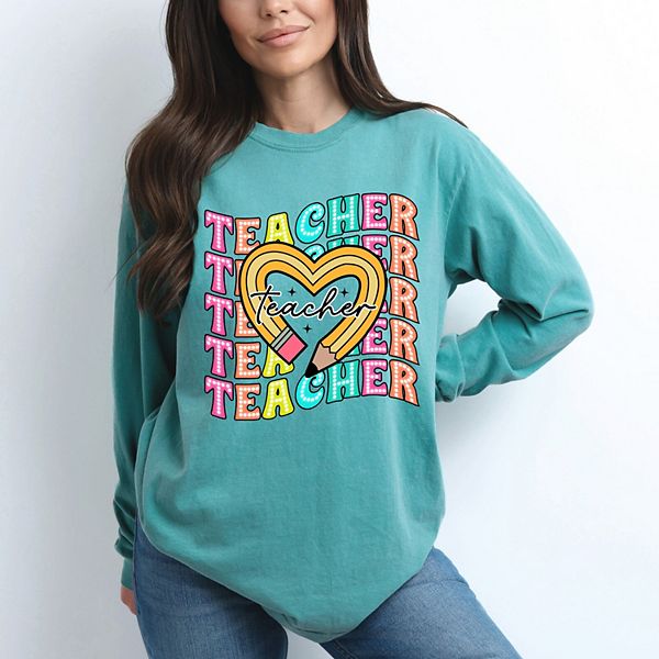

Футболка Teacher pencil heart garment dyed с длинным рукавом Simply Sage Market, Seafoam