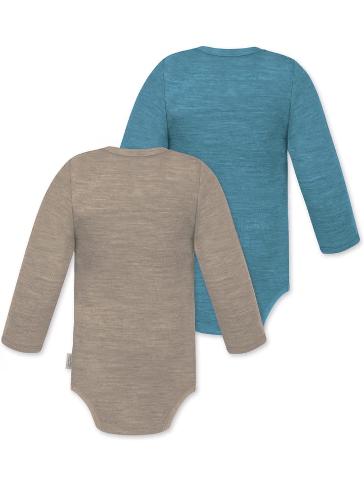 Normani Outdoor Sports Комплект из 2 детских боди с длинными рукавами из мериносовой шерсти "Туай" бежево-голубого цвета — фото 2