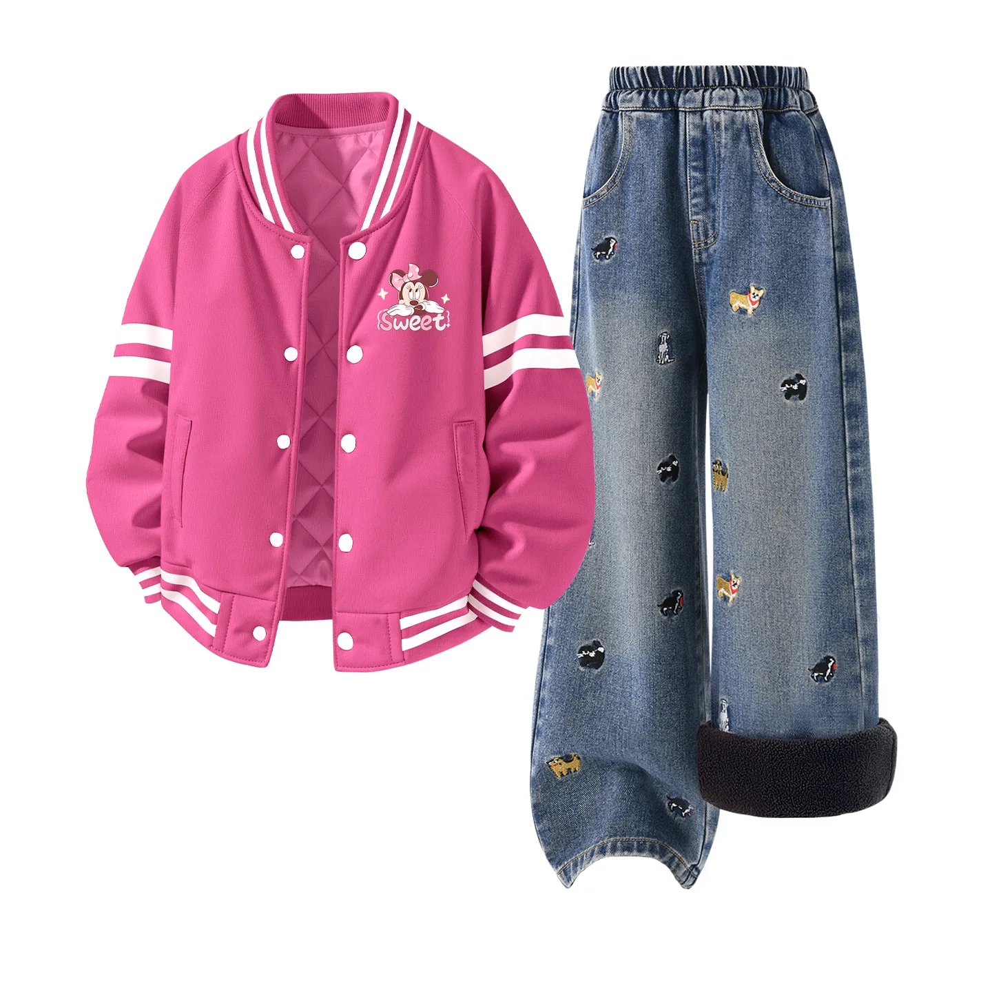 Детский спортивный костюм с воротником-стойкой на флисе Disney, [Thickened and Fleece-Lined]Dilellyni K Rose Red+Solid Color Denim Blue