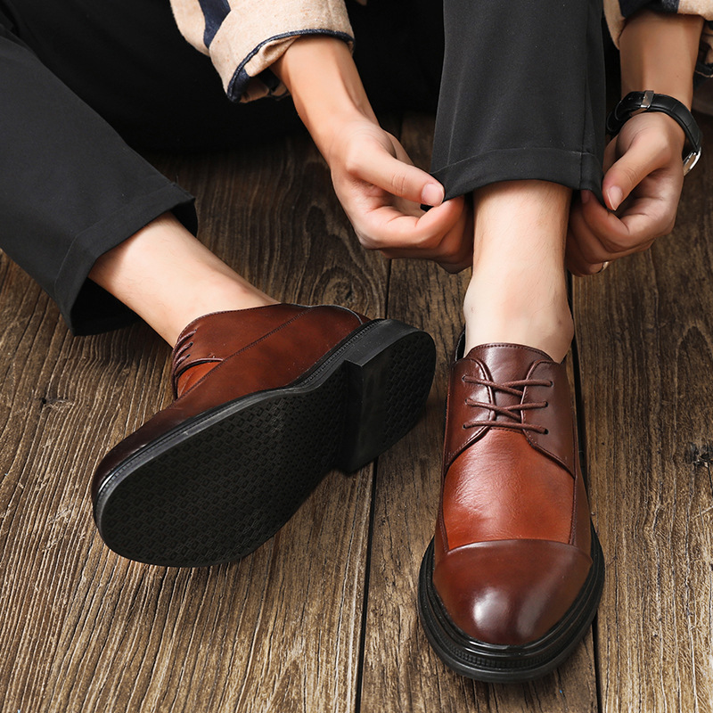 WEISHIBANGWEI Мужские повседневные кожаные туфли Casual Leather Shoes - коричневые, увеличивающие рост, цвет Brown Height Increasing — фото 4