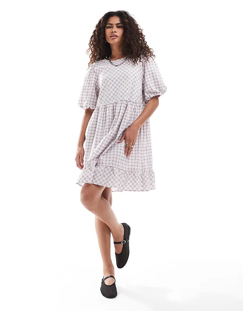 

Мини-платье с короткими рукавами в розовую клетку Monki