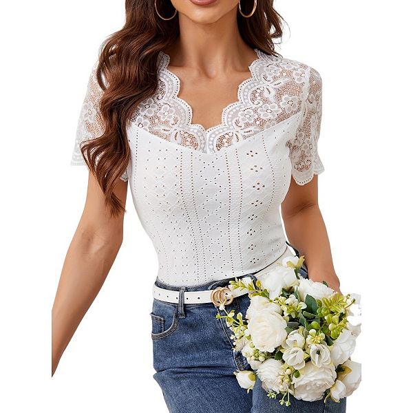 

Женская повседневная футболка с кружевной отделкой slim fit, полупрозрачная сетка, V-образный вырез, короткий рукав Boddysize, White, Белый, Женская повседневная футболка с кружевной отделкой slim fit, полупрозрачная сетка, V-образный вырез, короткий рука