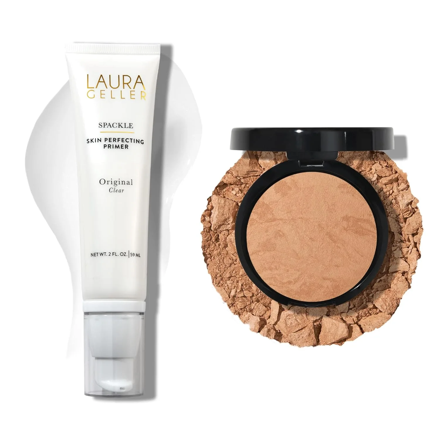 LAURA GELLER NEW YORK Baked Balance-n-Brighten Powder Foundation - Golden Medium + Spackle Super-Size Makeup Primer with Hyaluronic Acid, Original, Golden Medium