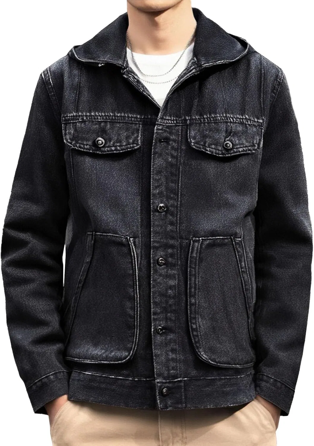 Мужская худи джинсовая куртка Casual Slim Fit деним с капюшоном и длинным рукавом Generic, черный — фото 2