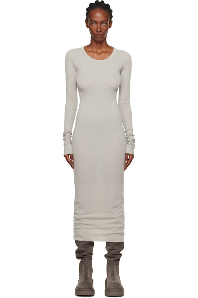 

Rick Owens Платье миди Off-White в рубчик с длинными рукавами