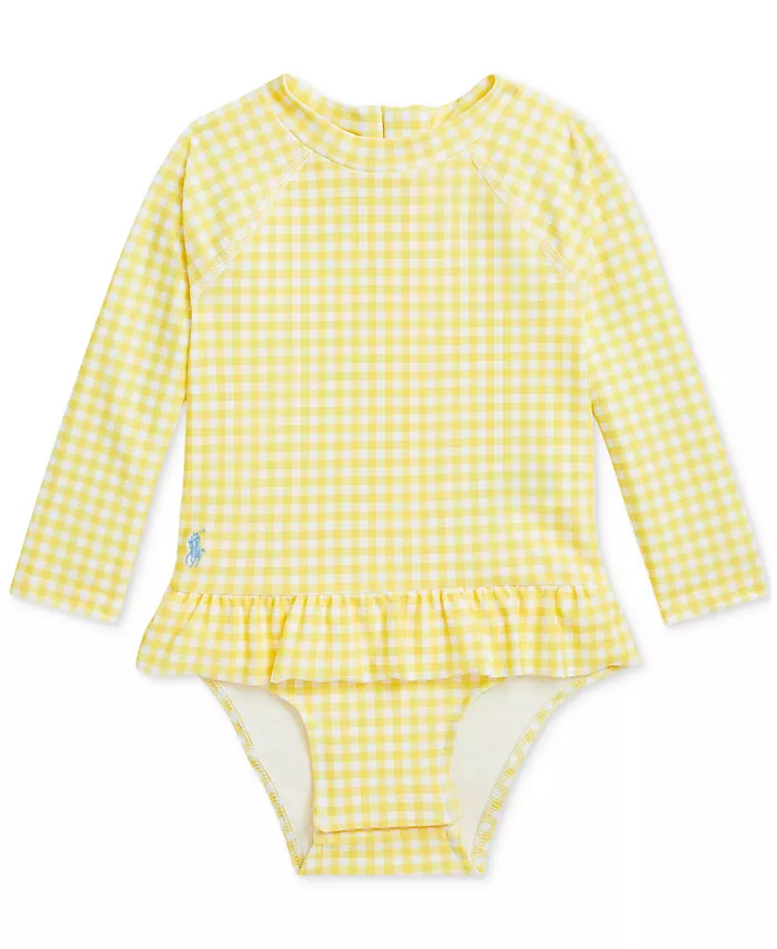 

Детский купальный топ с рюшами в клетку Baby Girls Ruffled Gingham Rash Guard Polo Ralph Lauren, желтый