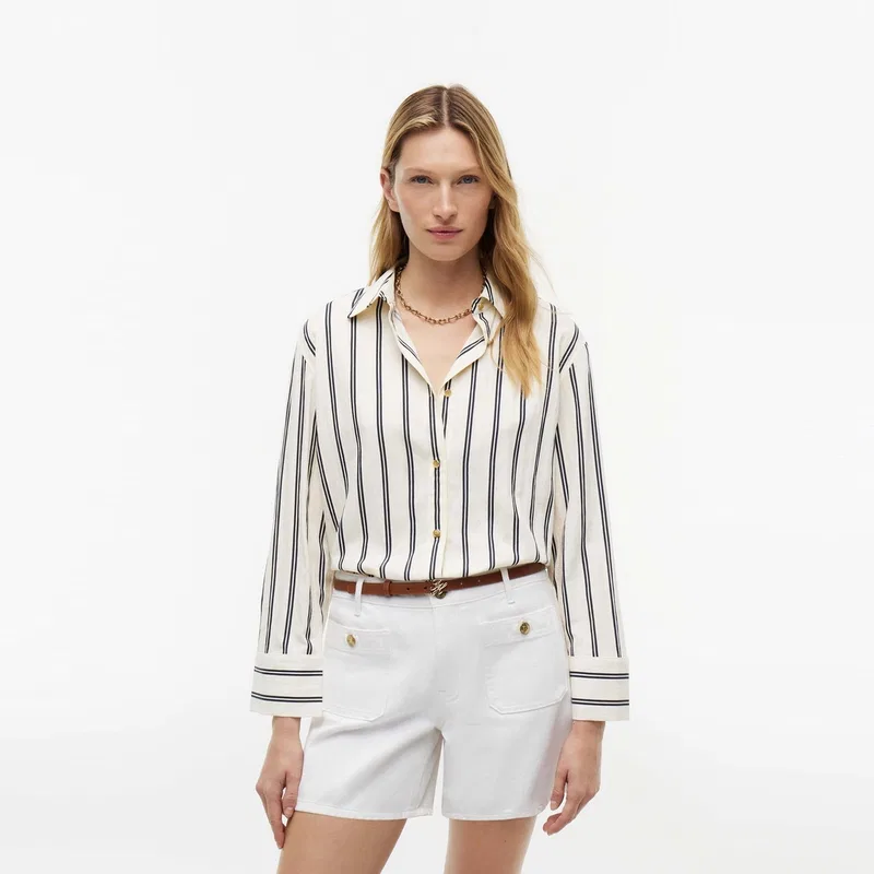 Рубашка женская с полосками Tommy Hilfiger бежево-бело-темно-синяя — фото 4