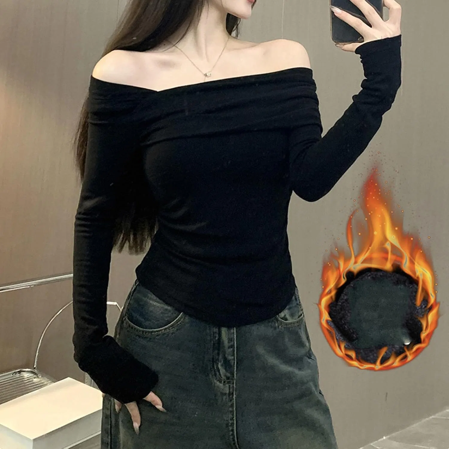 Блуза с открытыми плечами, длинный рукав Off Shoulder Top, черный — фото 2