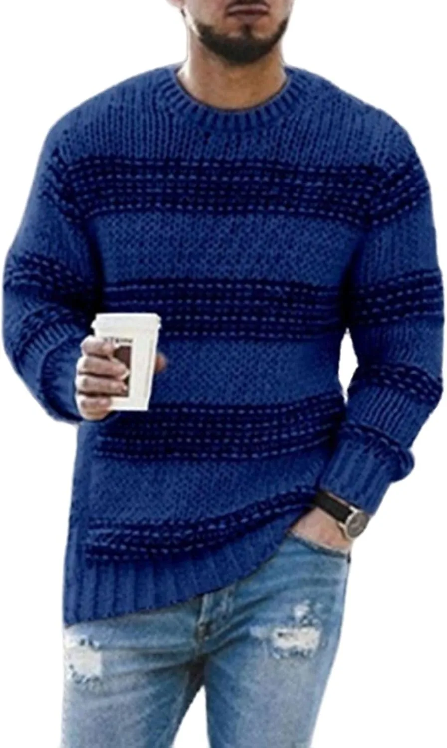 

Мужской полосатый вязаный свитер с пачворком, свободный и мешковатый CHXLQQX