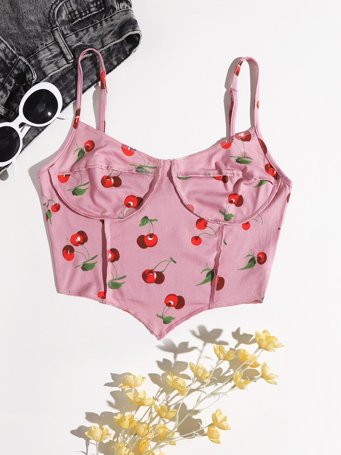 

SHEIN EZwear однобортная рубашка, асимметричный низ, узор вишни, розовый