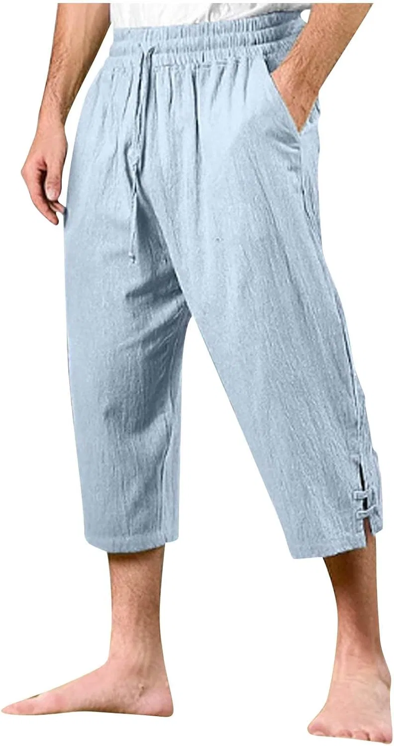 Мужские капри из льна и хлопка, свободный крой, Light Blue