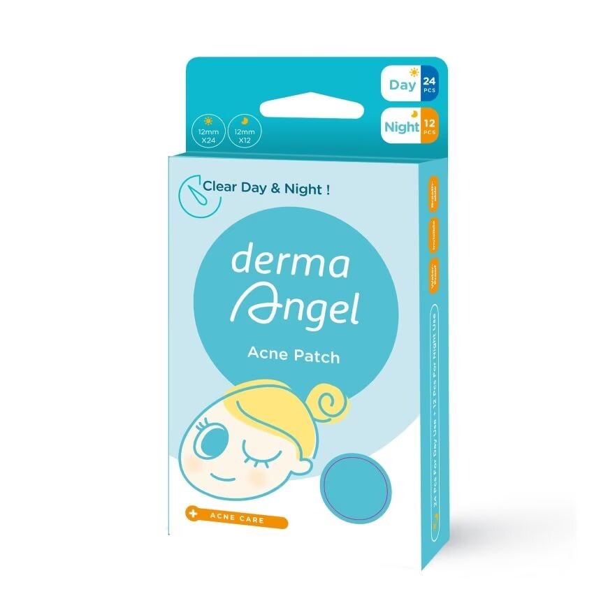 

Derma angel Пластырь от прыщей derma Angel, комбинированная упаковка, 36 точек, White and blue boxes have day and night symbols.