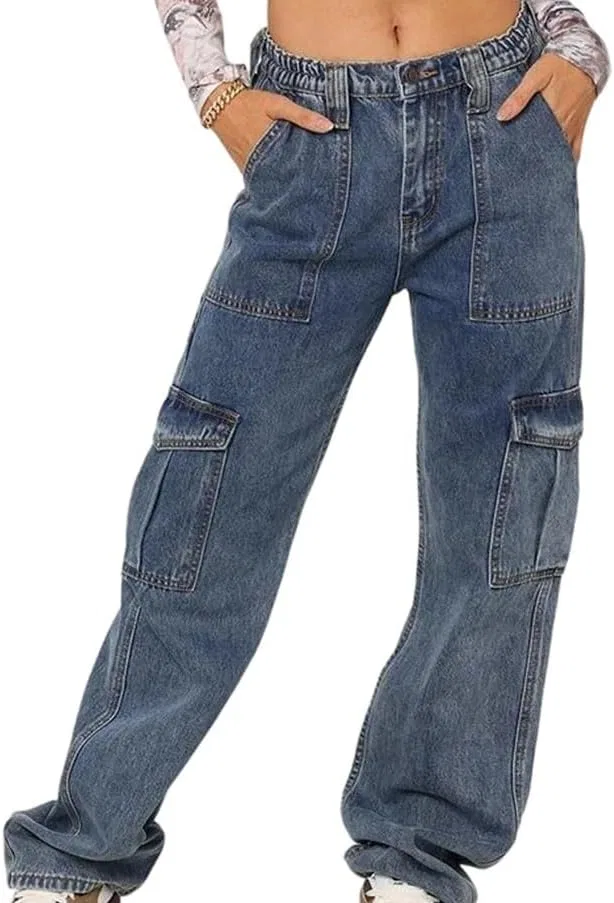 Джинсы прямого кроя с высокой талией, cargo, American Style, серый