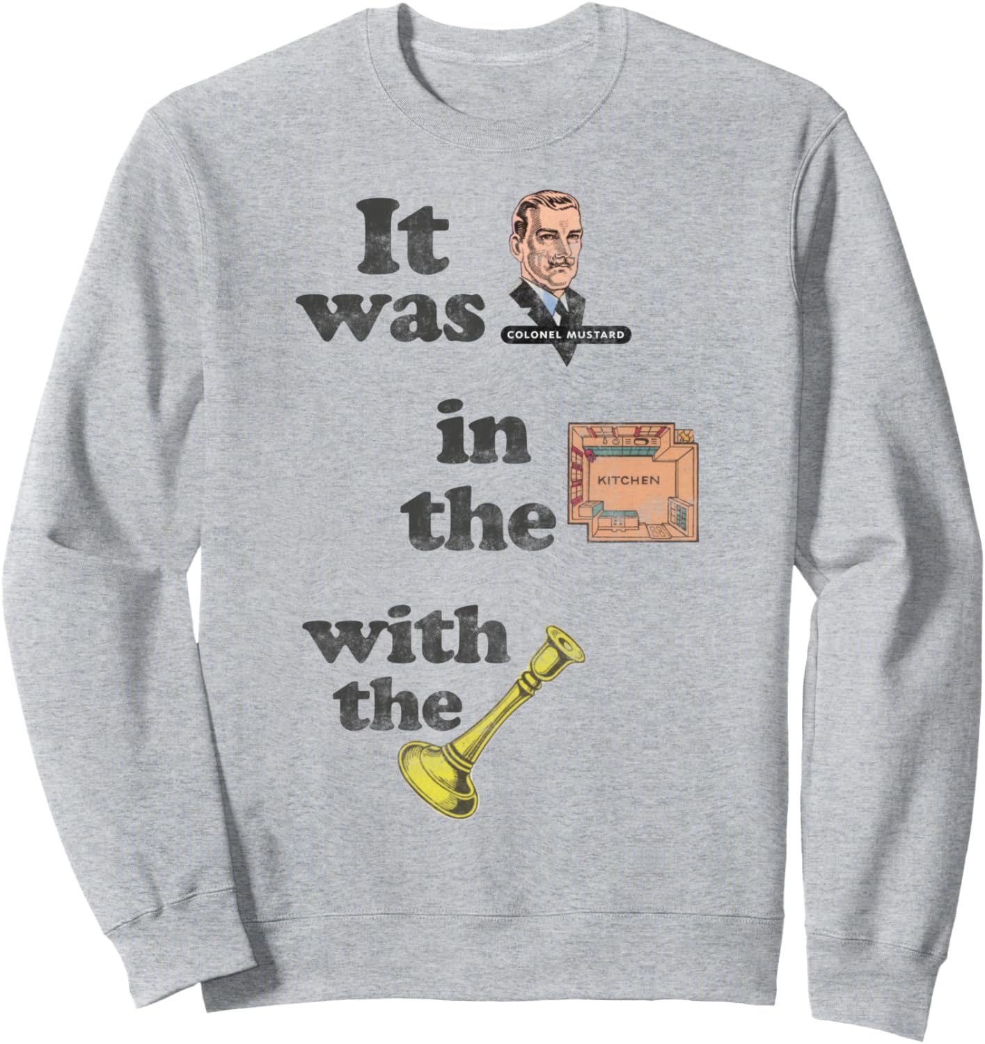 

Толстовка, Подсказка: Это был полковник Мастард в рваной толстовке с изображением подсвечника Clue, серый