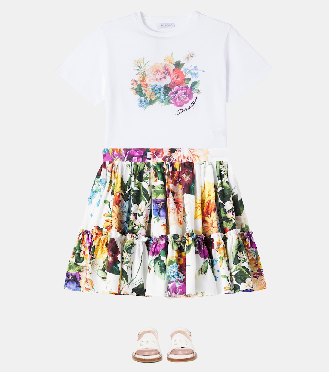 Юбка из хлопкового поплина с цветочным принтом Dolce&Gabbana Kids, B.Fiori Cret.F.Bco — фото 2