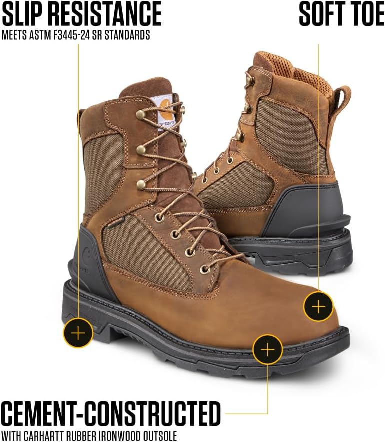 Carhartt Ironwood водонепроницаемые рабочие ботинки для мужчин - 8-дюймовые, усиленная промасленная кожа с дышащей мембраной, EH и нескользящие подошвы, Brown — фото 3