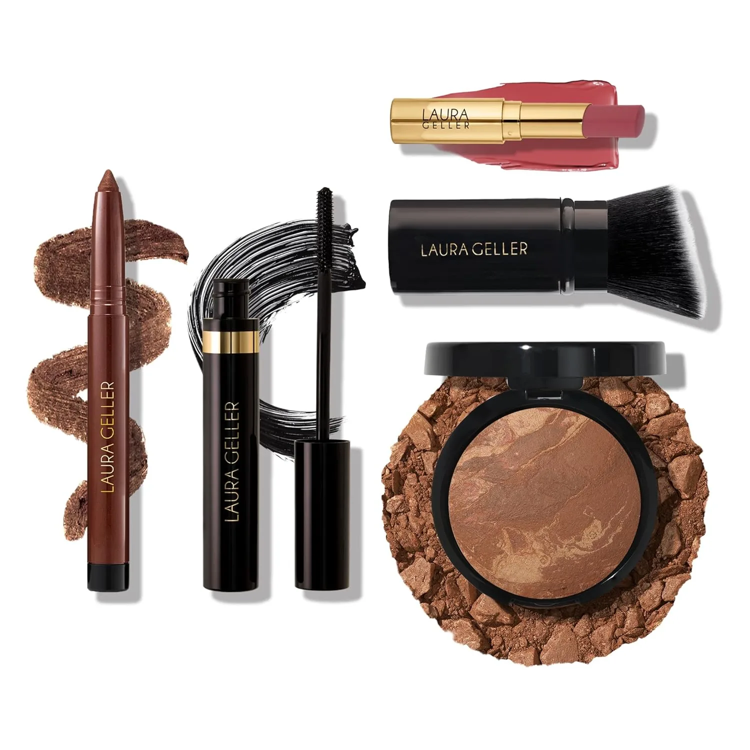 Набор Finishing Touches: тональная пудра Baked Balance-n-Brighten, Toffee + кисть Airbrush Kabuki + бальзам для губ Jelly Balm, Figger Than Life + карандаш для глаз Kajal, Dark Brown + тушь Kajal Laura Geller, Toffee