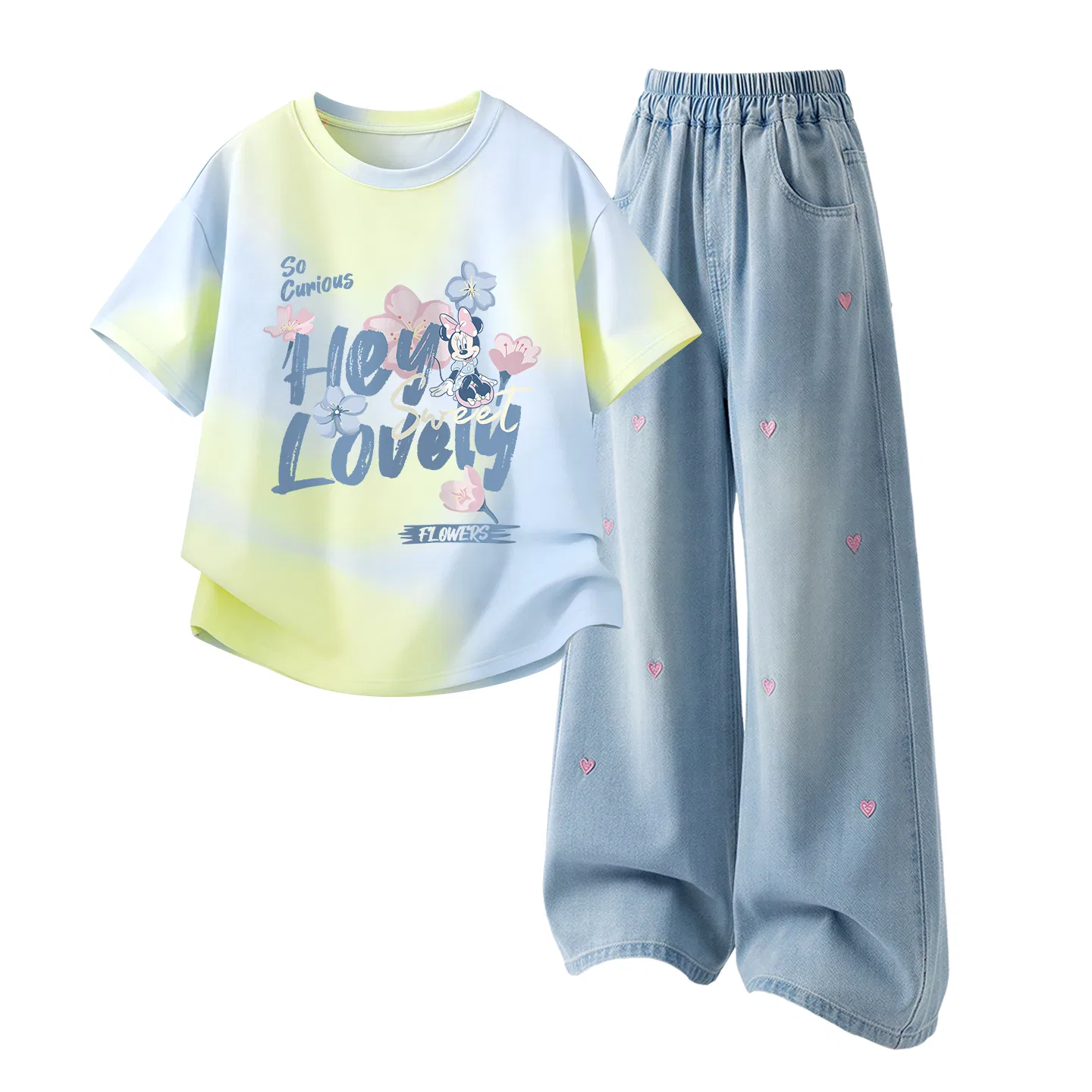 Детская повседневная спортивная футболка с круглым вырезом Disney, D Surprise K Yellow Pink+Solid Color Denim Light Blue — фото 3