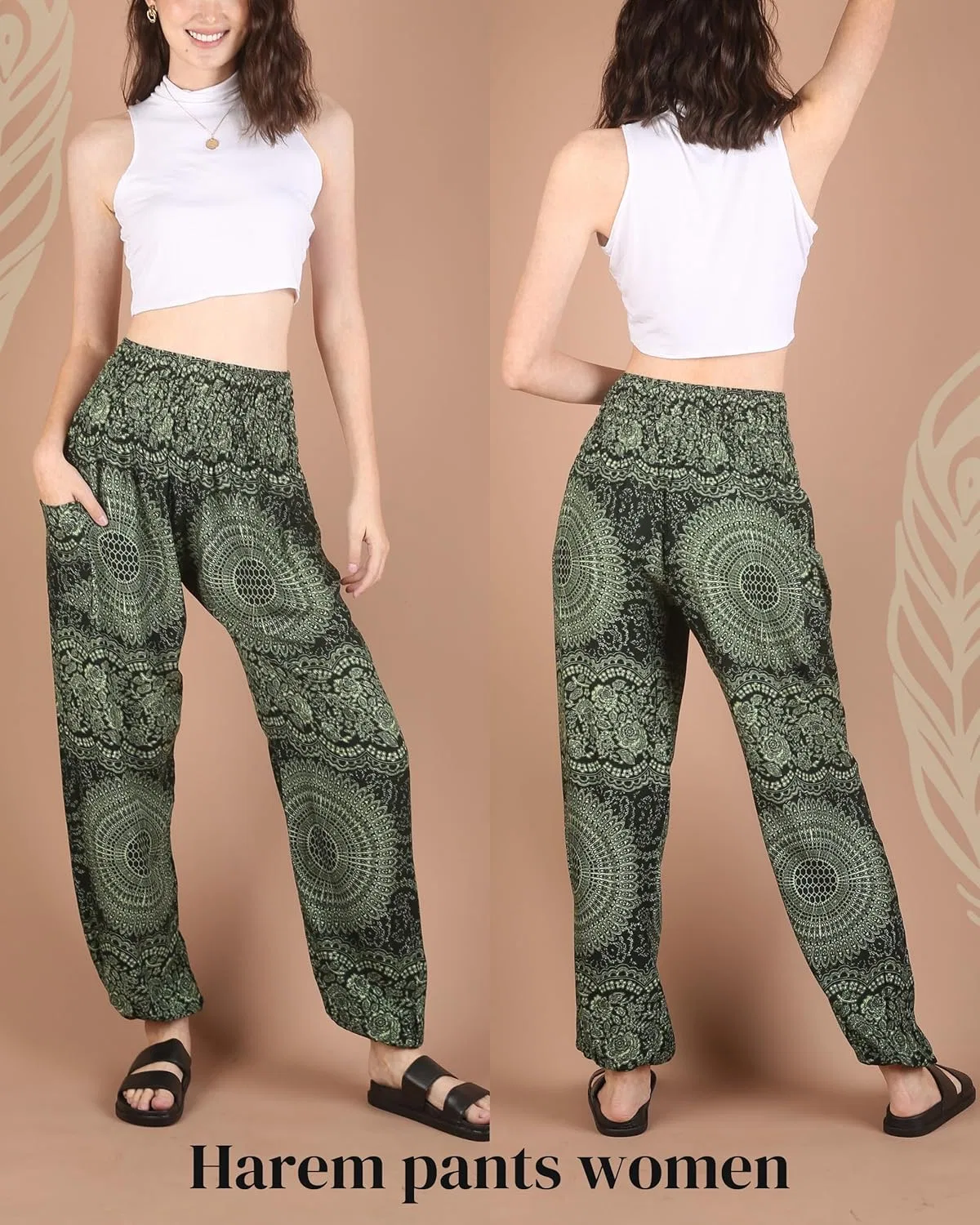 Boho Pants | Женские шаровары с карманами | Мягкая и дышащая струящаяся пижама | Мягкие штаны для йоги | Одежда в стиле хиппи для женщин, Mandala Green — фото 2