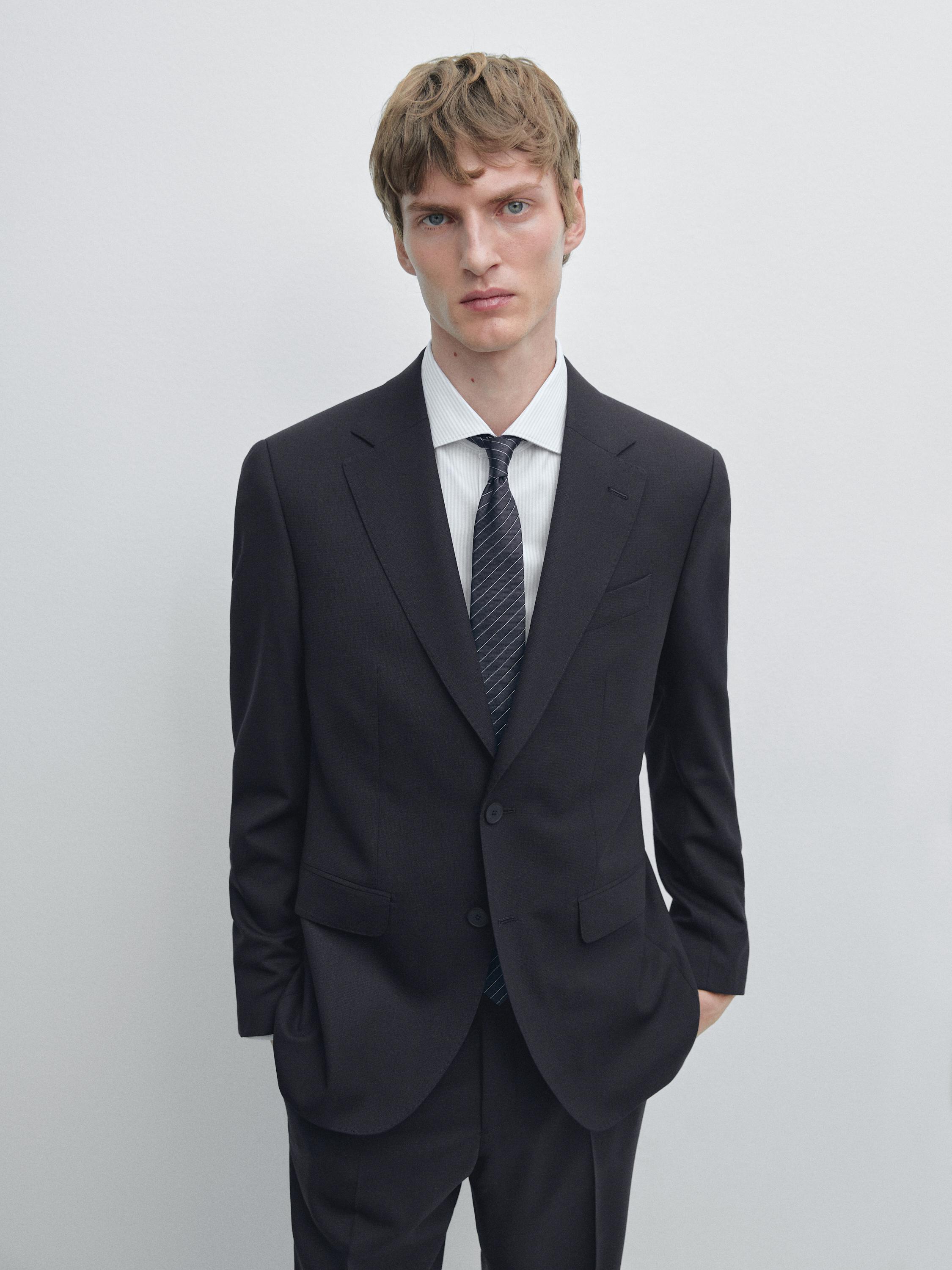 Костюмный блейзер из смесовой шерсти Massimo Dutti, navy blue — фото 3