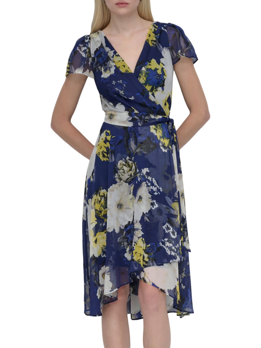 

Платье-миди с цветочным принтом и поясом DKNY, цвет Navy Yellow