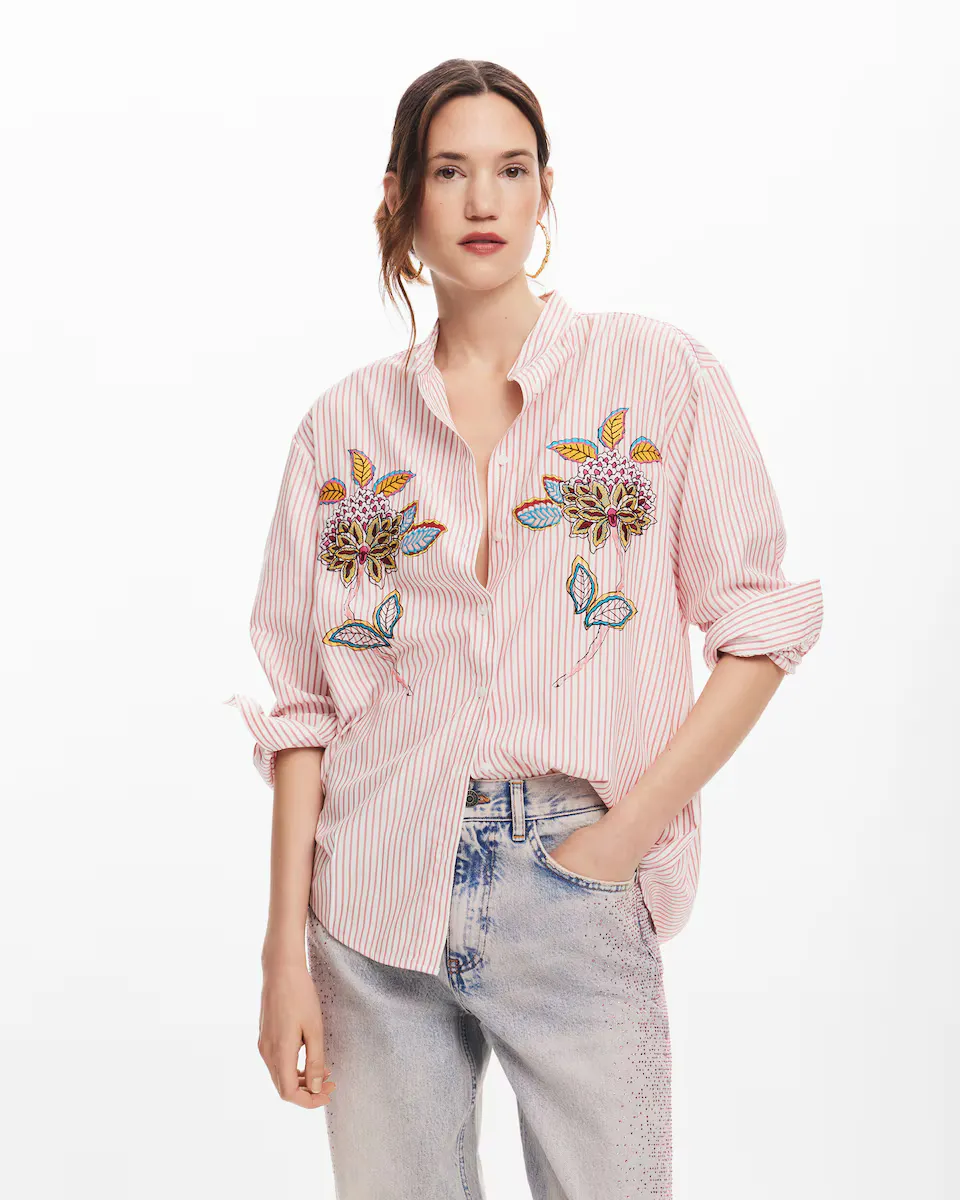 

Полосатая женская рубашка с цветочной вышивкой Desigual, розовый