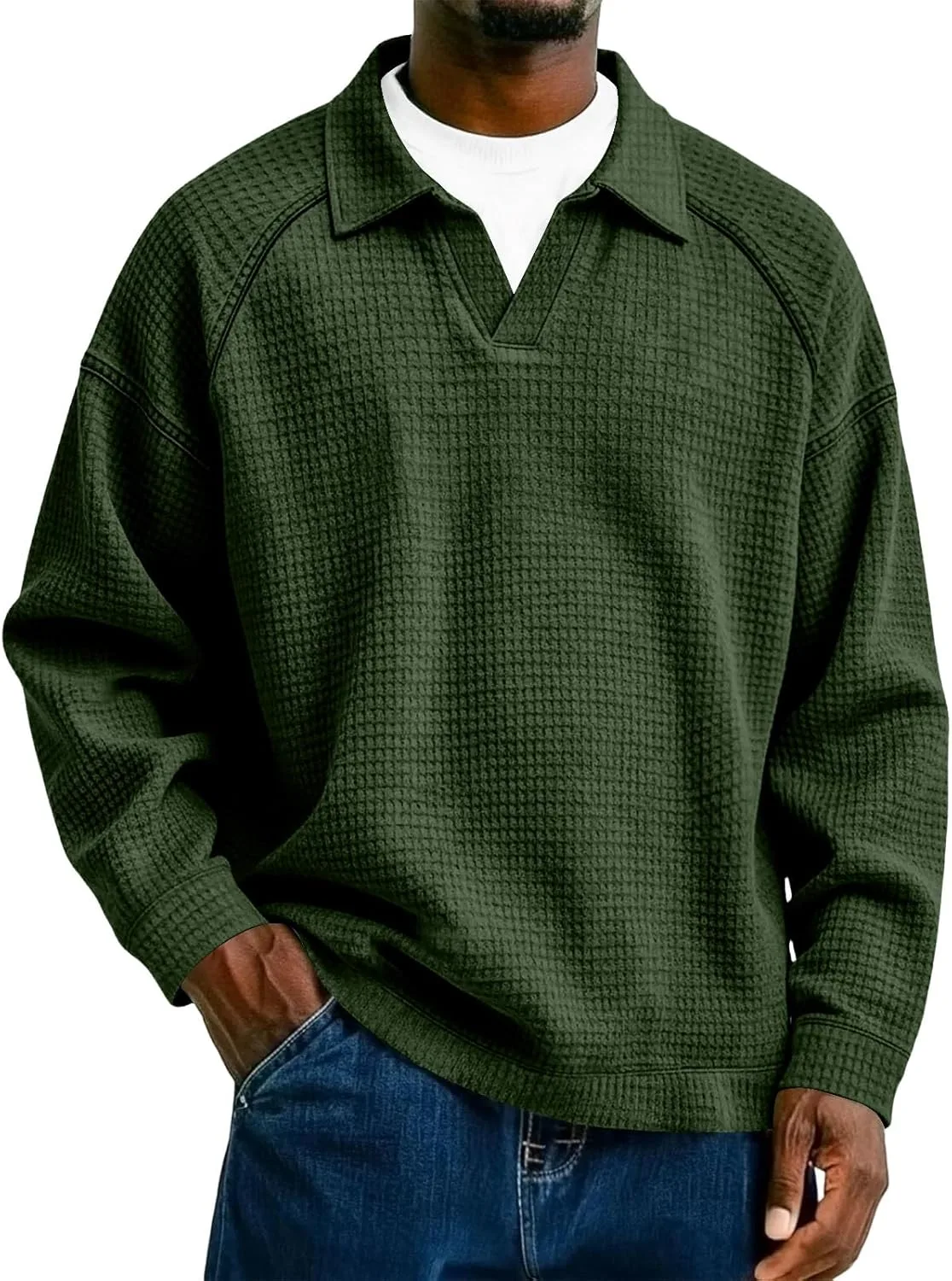 Мужская поло с длинным рукавом, вязаная вафельным узором, Casual Regular Fit, S-4XL — фото 2