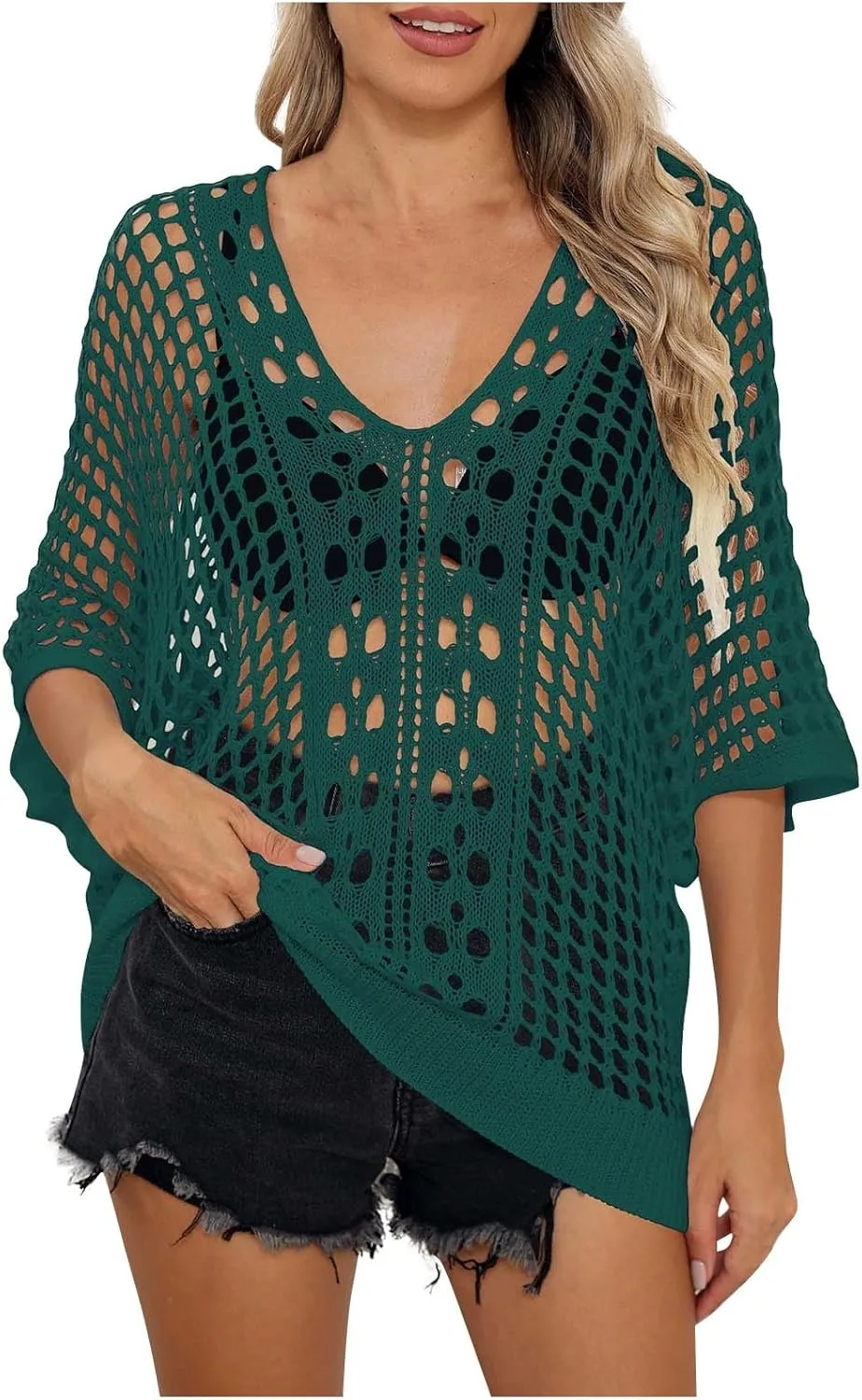 

Пляжная накидка для женщин Hollow Out легкая сексуальная кофта Crochet Ribbed Knit летний пляжный топ Quarter Sleeve