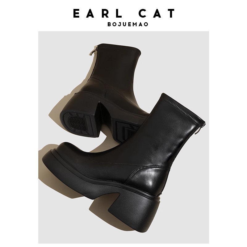 Earl Cat Черные женские полусапожки на каблуке 7,5 см с меховой подкладкой, цвет Black Fleece-Lined — фото 2