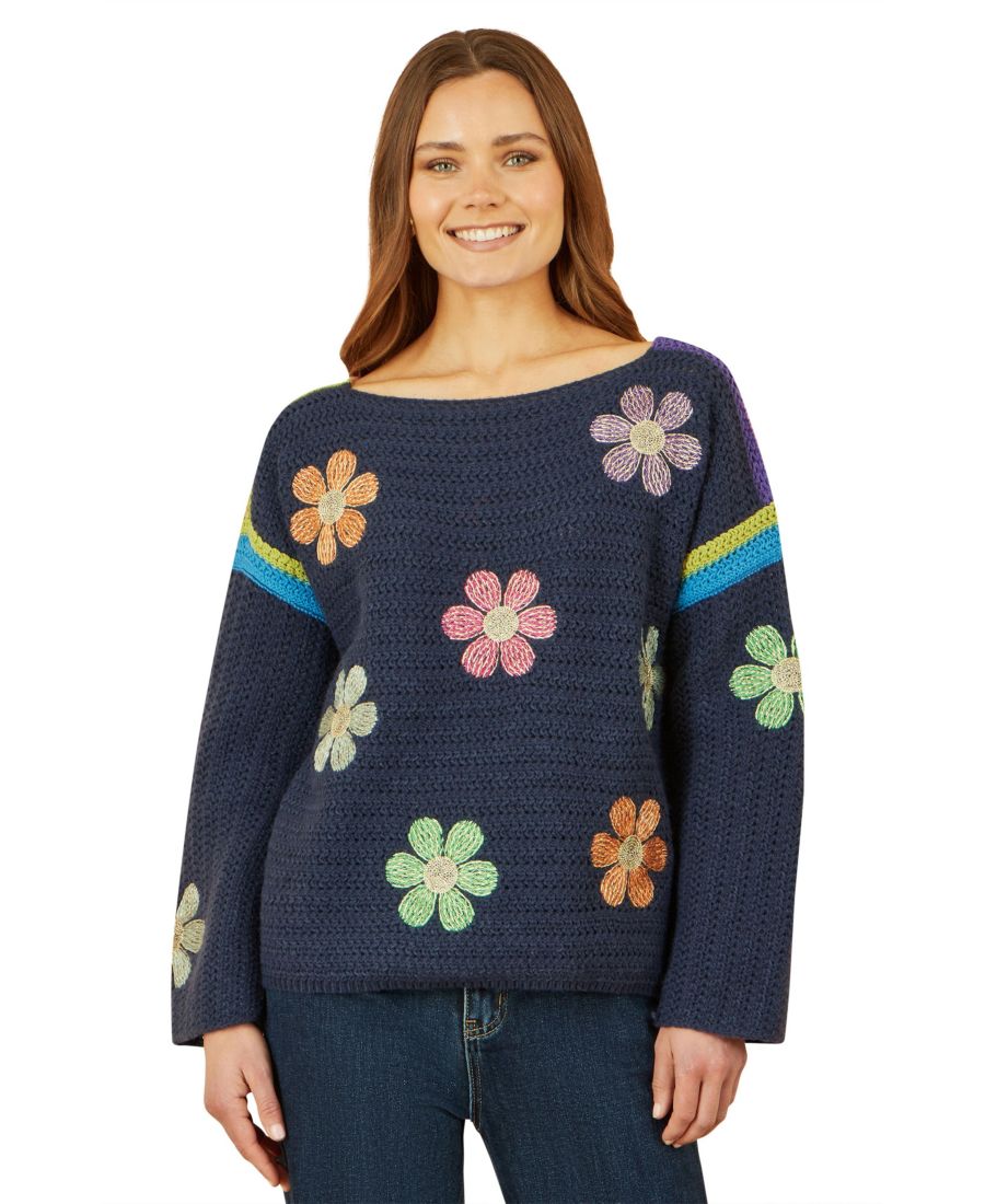 

Женский вязаный крючком джемпер с длинными рукавами и цветочным узором Yumi, Navy