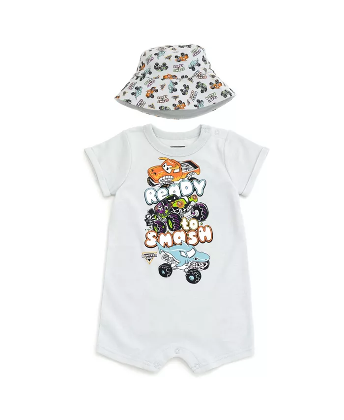 

Комплект для мальчиков: комбинезон и шляпа-ведро от солнца Toddler Boys Romper and Bucket Sun Hat Outfit Set Monster Jam, серый