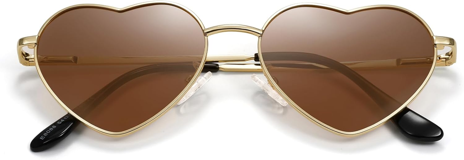 

Поляризованные солнцезащитные очки Eiuizah в форме сердца для женщин и мужчин - милые, модные солнцезащитные очки с металлической оправой и линзами с защитой UV400, Gold Frame/Brown Lenses