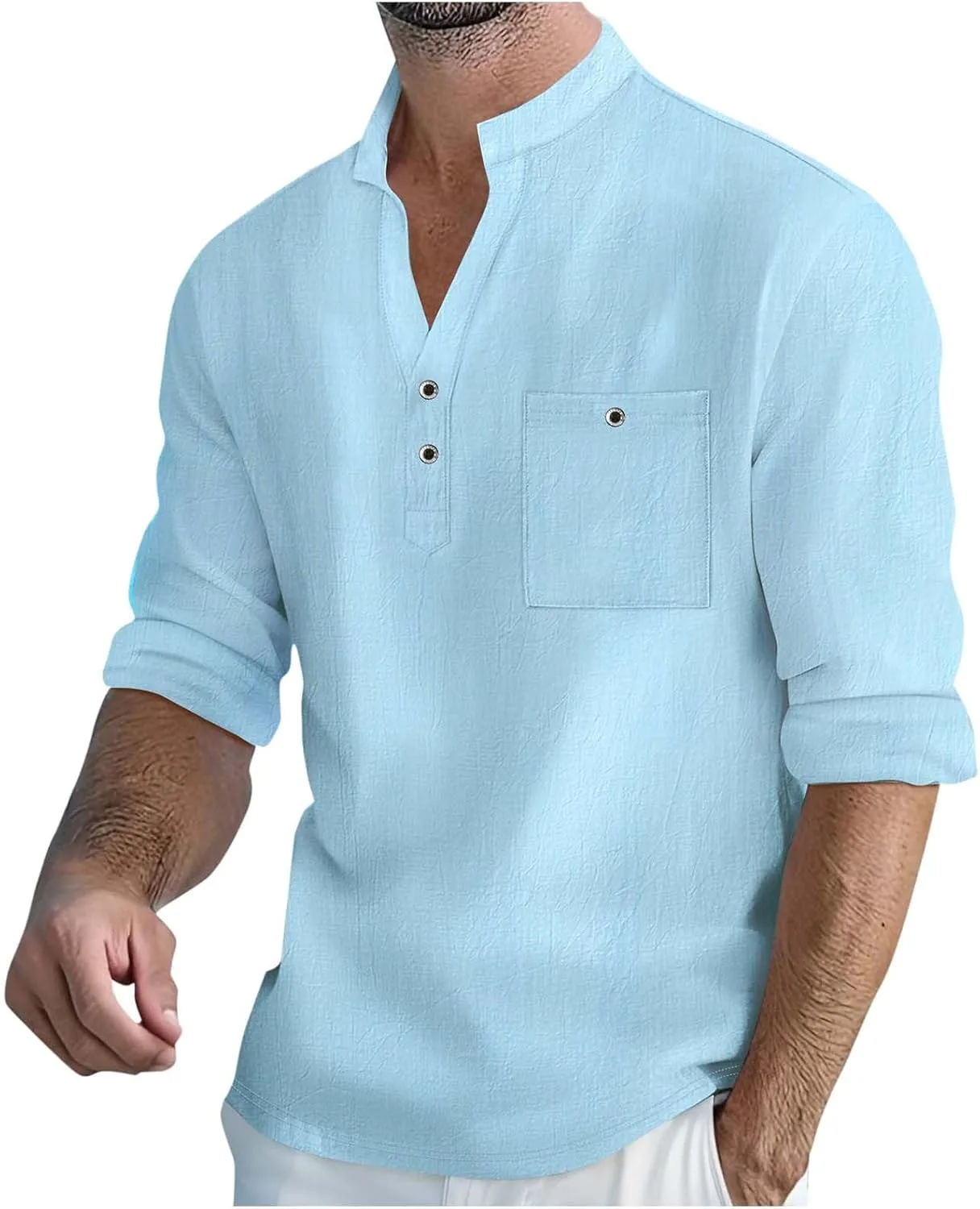 

Мужская хлопковая льняная рубашка-поло с длинными рукавами и карманом
