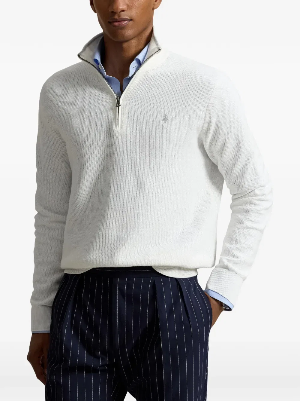 Свитер из сетчатой вязки с застежкой-молнией на четверть длины Polo Ralph Lauren, белый — фото 3