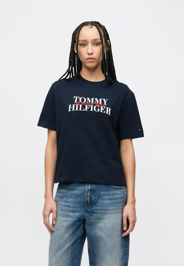 Классическая футболка с логотипом flock, свободного кроя. Tommy Hilfiger, Dark Night Navy