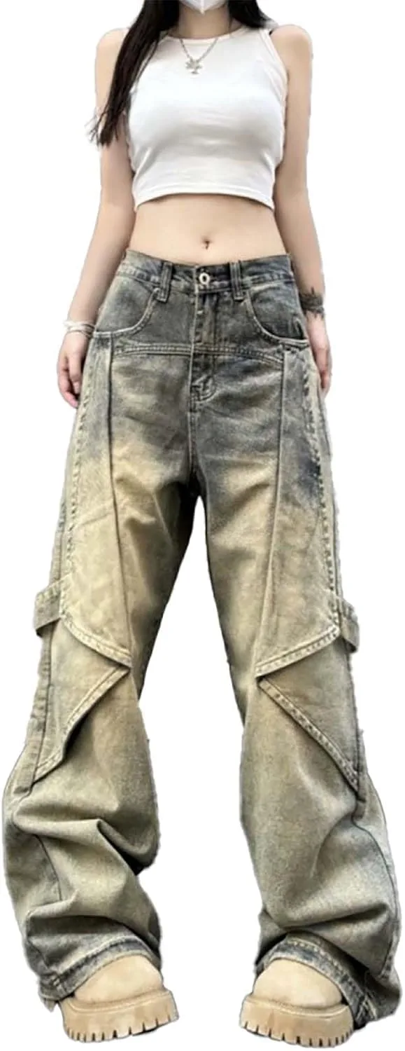 

Женские джинсы Y2K baggy low rise wide leg с эффектом потертости в стиле готик-карго LUUTWAL