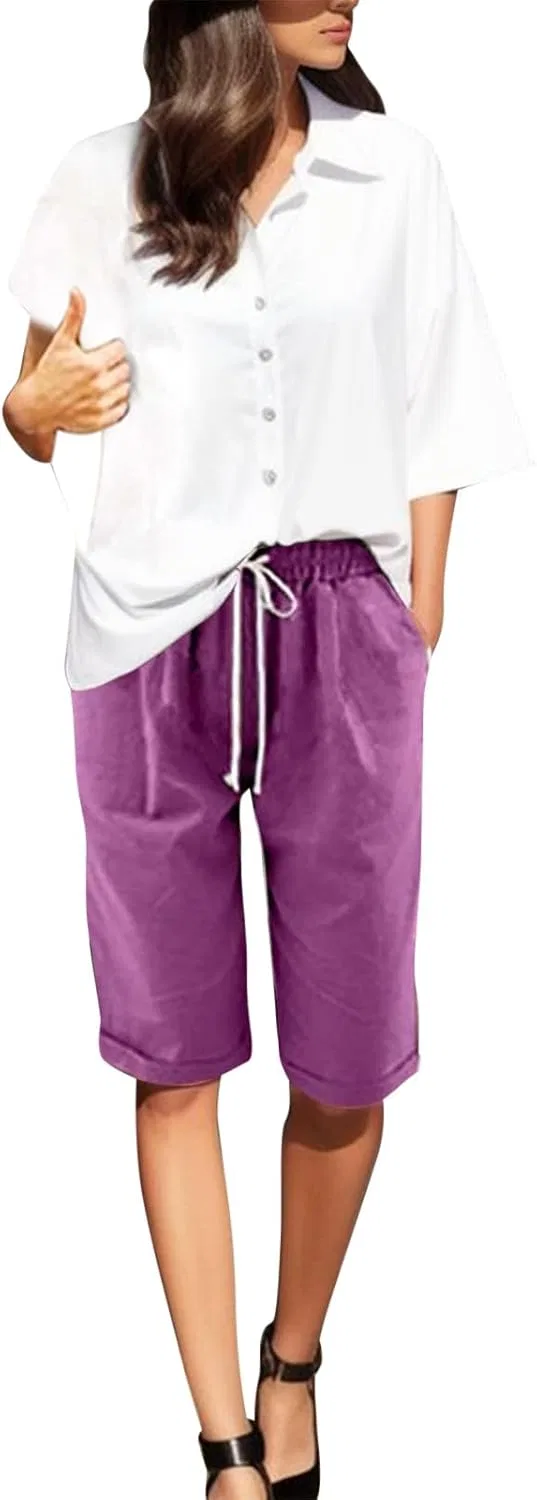 Шорты бермуды женские, лен, с высокой талией, на резинке, 14 Purple