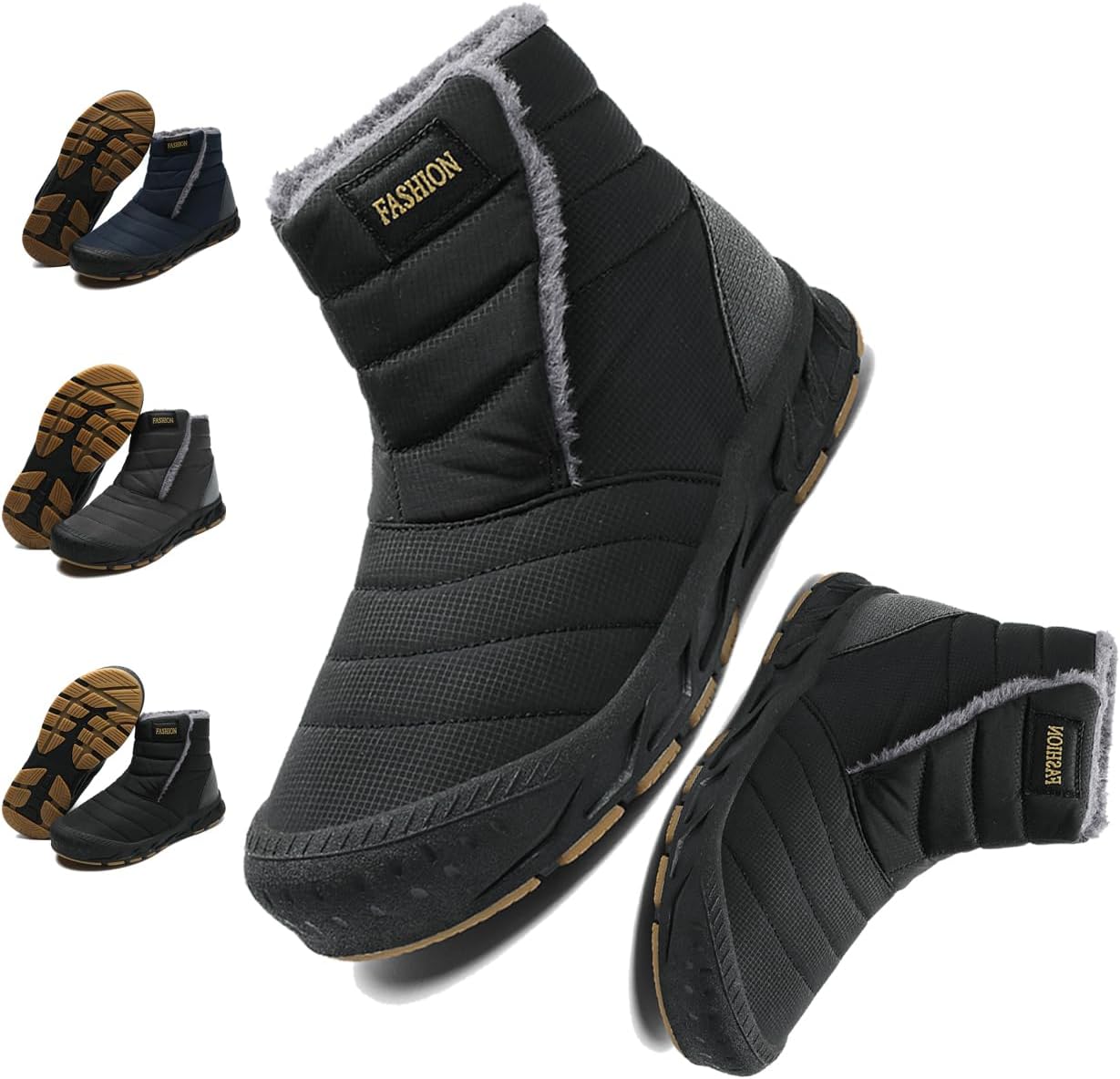 

Зимние ботинки для женщин и мужчин с молнией, с теплым мехом, на выход, короткие снежные ботинки, противоскользящие, водонепроницаемые, удобные для улицы Generic, черный