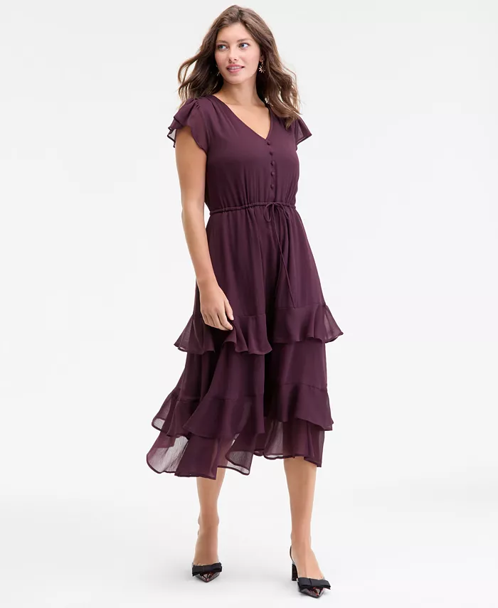 

Женское платье миди из шифона с воланами на рукавах и ярусным подолом On 34Th, фиолетовый