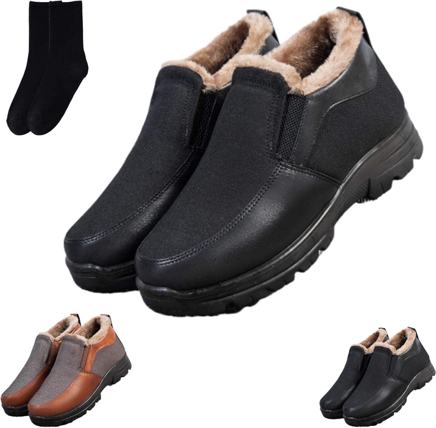 

Мужские зимние флисовые теплые нескользящие туфли, повседневные легкие ботинки на мягкой подошве с меховой подкладкой для пожилых мужчин, удобные ботинки для прогулок по снегу для пожилых Xylawave, черный