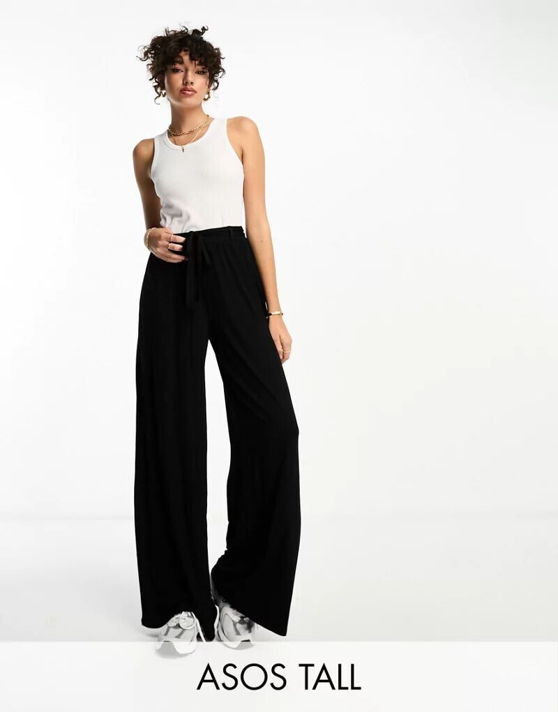 

Черные широкие брюки с завязывающимся поясом ASOS DESIGN Tall