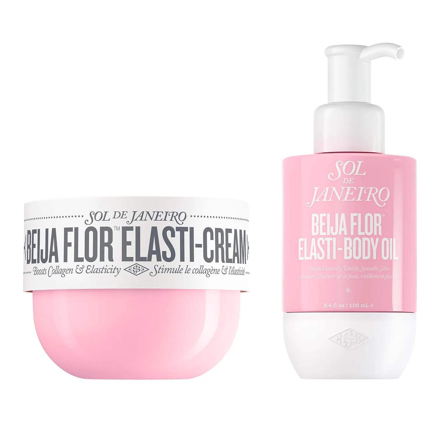 Набор Sol de Janeiro Beija Flor Elasti: крем и масло для тела | Усиливающий эластичность дуэт | Полноразмерный крем и масло для тела | Аромат Cheirosa 68, pink