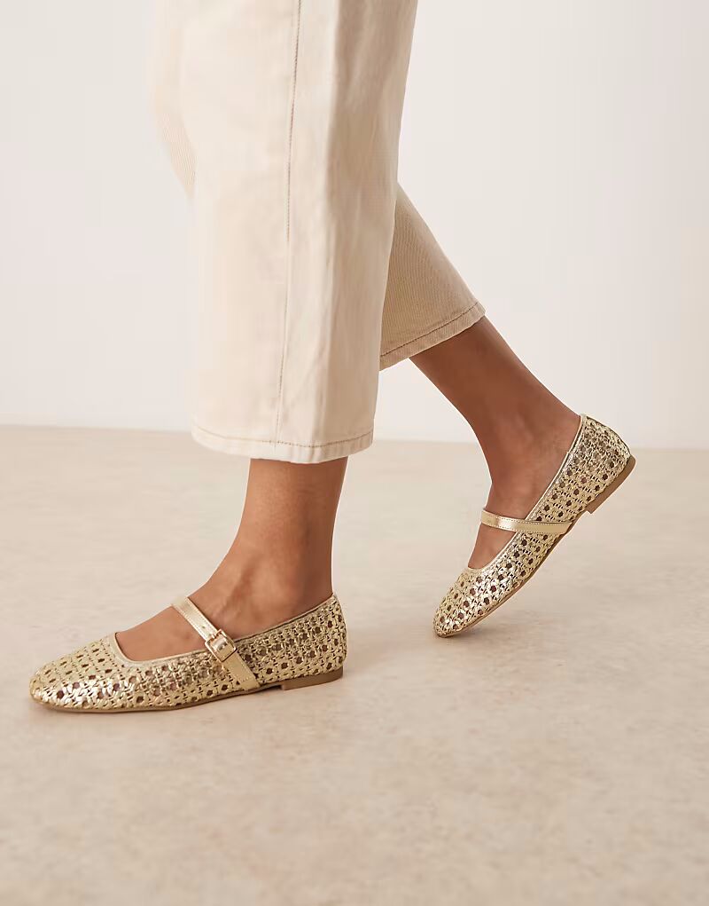 ASOS DESIGN Wide Fit Lottie балетки Мэри Джейн из золотого плетения