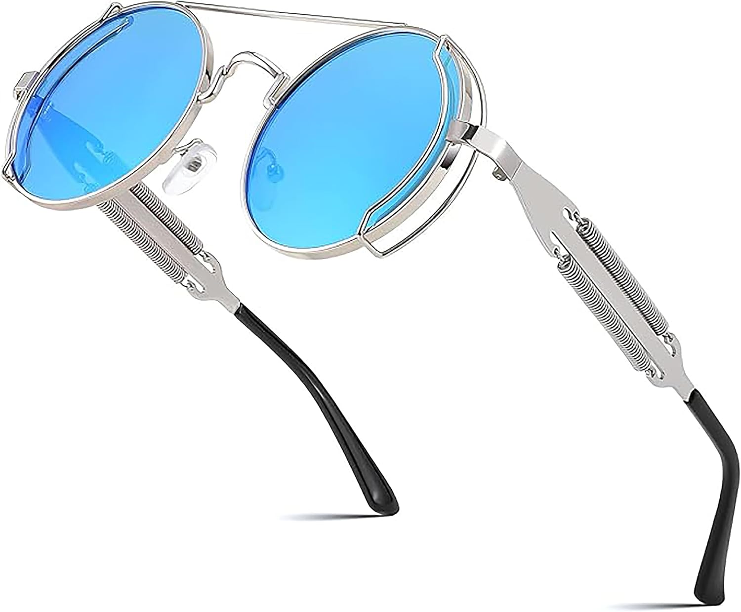 

Солнцезащитные очки-авиаторы FEISEDY для мужчин и женщин, в стиле ретро, ​​стимпанк, готика, круглая металлическая оправа, хиппи, модель B2351, Silver Frame Blue and Silver Lenses With Silver Legs