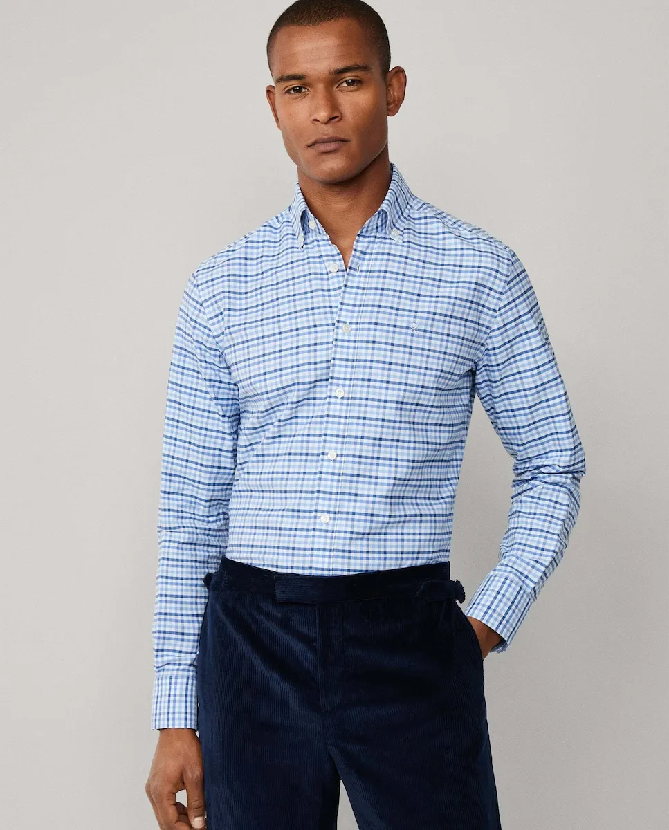 

Мужская рубашка в клетку виши триколор, приталенного кроя Hackett, светло-голубой
