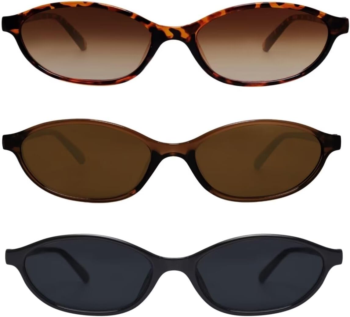 

Ретро-солнцезащитные очки овальной формы для женщин, стильные «кошачий глаз» в стиле 90-х, легкие, узкие, модные, с защитой от УФ-излучения GUVIVI, 3 Pack Black + Brown + Tortoise
