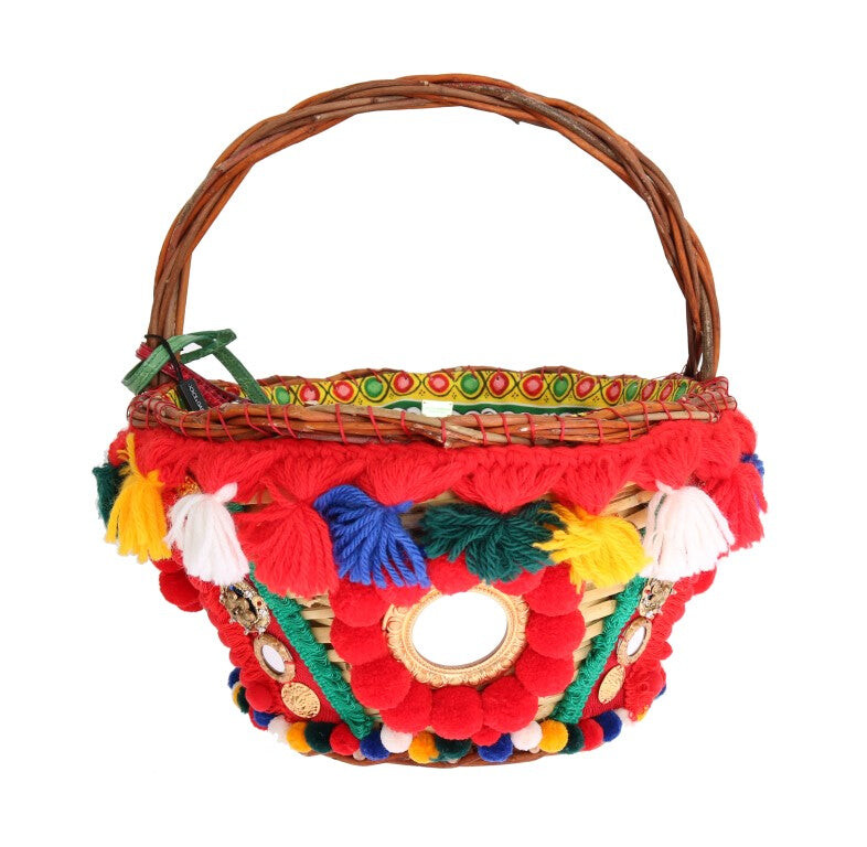 

Dolce & Gabbana Элегантная женская сумка-тоут из соломы и экзотических шкур с помпоном, мультиколор