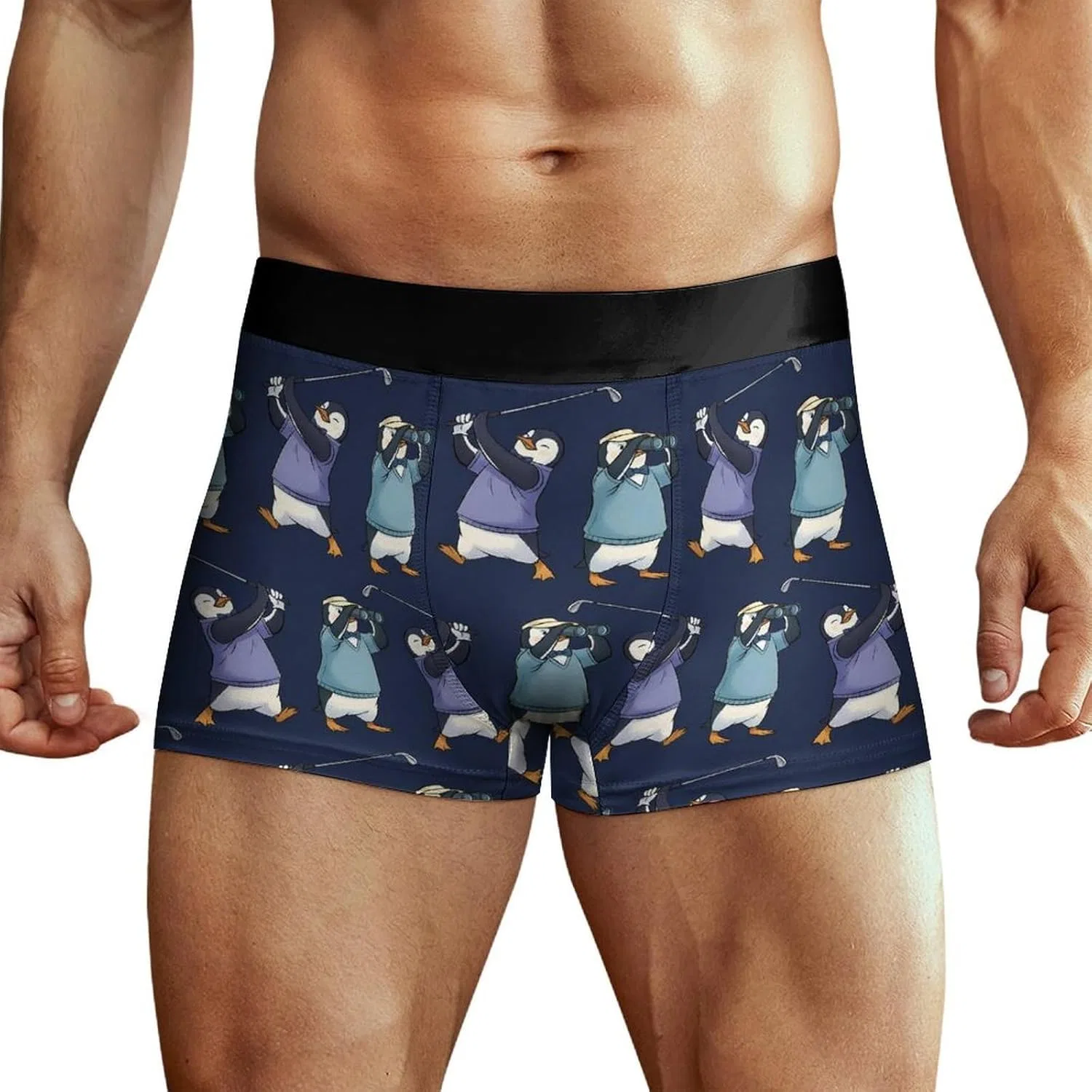 Боксеры с принтом пингвины играют в гольф, Men’s Boxer Briefs Novelty Animal Forest Fitness Underwear for Men No Fly Breathable Moisture Wicking Quick Dry Boxer Shorts, Penguins Playing Golf